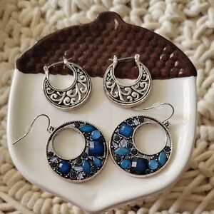Set Of 2 Pairs Of Silver Embellished Hoops Medium Size Beautiful